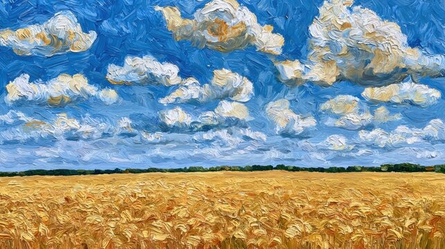 Golden wheat fields stretch under a colorful sky filled with clouds. The painting shows motion in the clouds and the wheat.