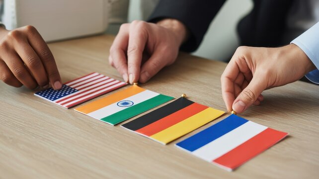 Diverse Hands Placing International Flags of USA India Germany and France on Wooden Table for Global Business Diplomacy