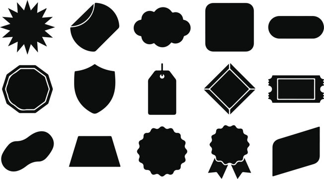 Collection of various black silhouette shapes and blank labels for product tags and promotional badges