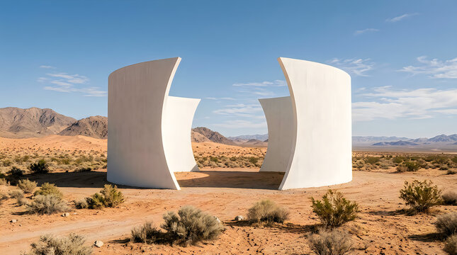 Large white curved walls forming a parenthesis shape in the desert, isolated on transparent background for surreal landscape and artistic outdoor installation art.