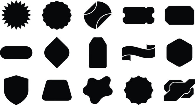 Set of various black blank labels badges and stickers for product branding and price tags isolated on white