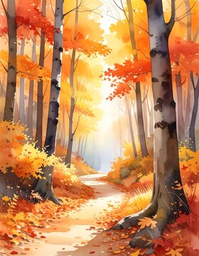 Vibrant Autumn Forest Path with Fallen Leaves