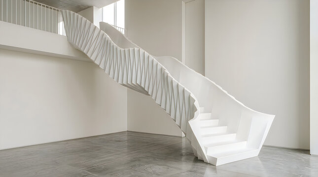 Elegant white parametric staircase with flowing wave design isolated on transparent background, perfect for modern architectural visualization and interior design.