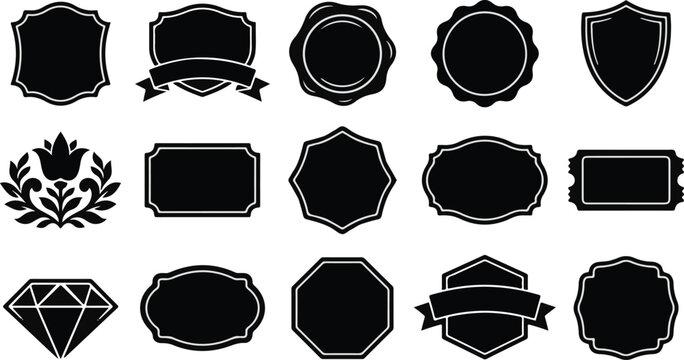 Set of various black vintage decorative frames and labels for logos and badges on white background