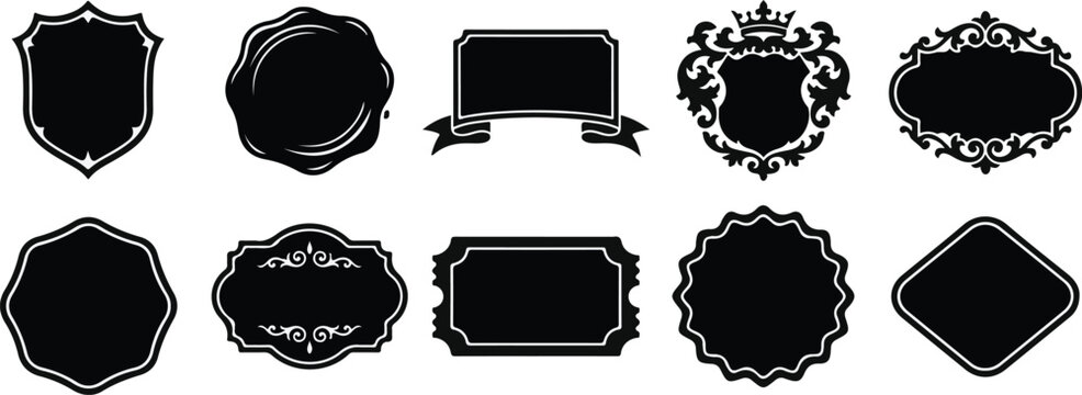 Set of ten vintage decorative frames and ornate labels in black silhouette isolated on white background
