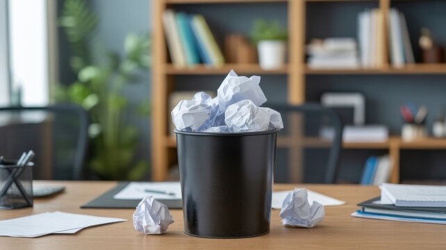 Close-up of a black trash can filled with discarded crumpled paper on a wooden desk in a professional office workspace