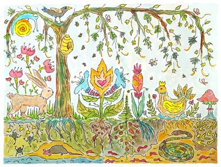 Magical forest and underworld, fairytale watercolour illustration