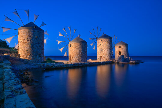 Historical stone windmills in island of Chios (Sakiz Adasi), Greece at night