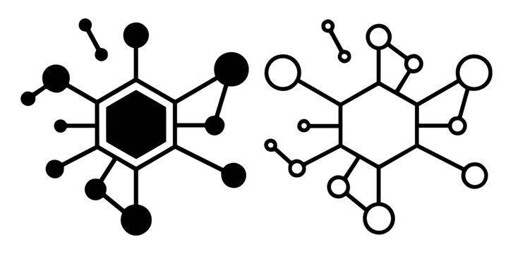 Black and white stylized chemical molecule icons with hexagonal rings and connected nodes on transparent background