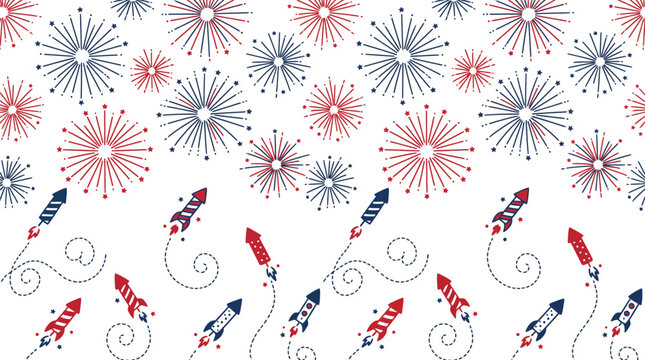 Patriotic firework rockets and abstract bursts create festive seamless pattern for national independence day celebration designs