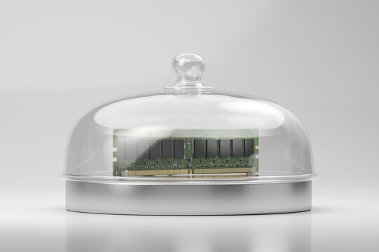 Computer memory RAM module under glass dome, AI memory shortage, valuable hardware, high price, data protection and semiconductor supply concept