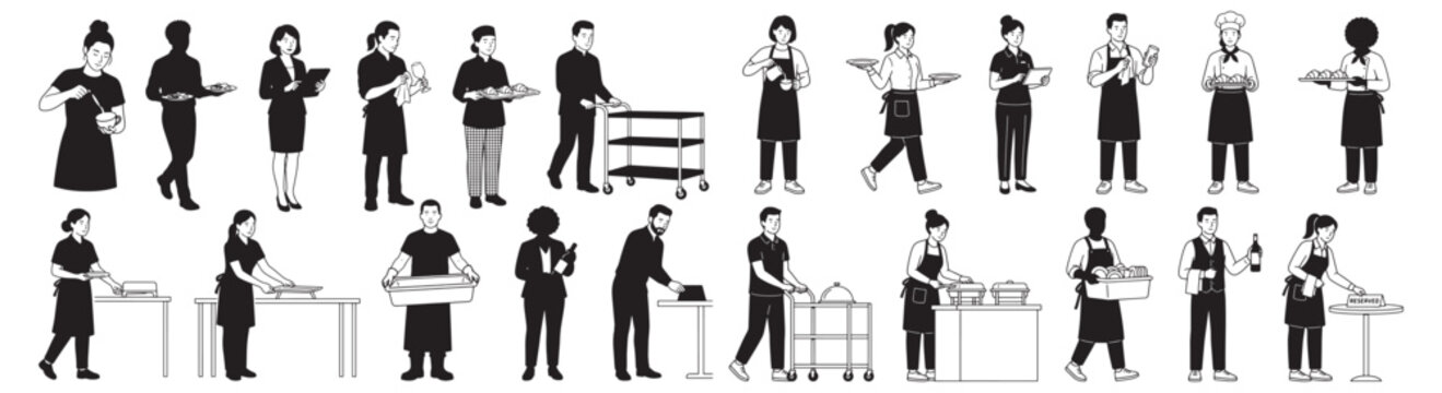 Restaurant Staff and Servers Illustration Showing Waiters, Chefs, Bussers and Catering Team in Action
