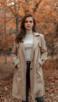 Elegant Young Woman in Trench Coat in Autumn Park