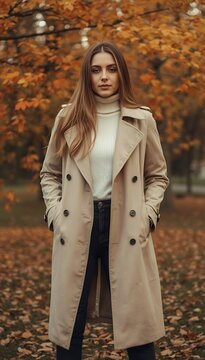Stylish Woman Posing in Autumn Park with Fall Leaves