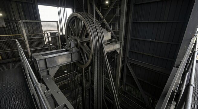 Large metal pulley wheel and thick steel cables inside a dark mine shaft headframe. Heavy industrial mining machinery and underground elevator hoist system