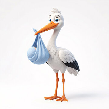 Cigogne apportant un b&eacute;b&eacute; dans un baluchon en illustration 3D
