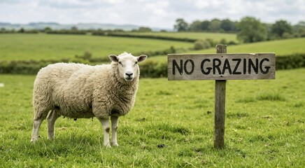 Fototapeta premium Sheep standing in a green pasture next to a wooden No Grazing sign. Humorous rural farming concept with animal ignoring rules