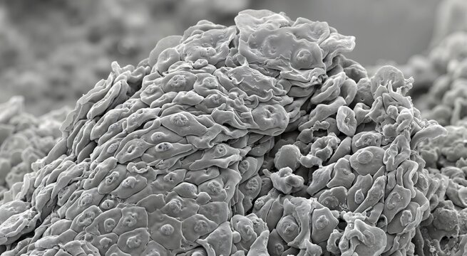 Microscopic view of psoriatic skin cells. Scanning electron micrograph of scaly epidermis texture. World Psoriasis Day concept
