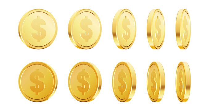 Rotating Gold Dollar Coins Set on Isolated Background