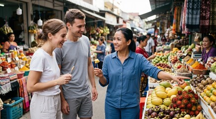Obraz premium Young tourist couple interacting with a local vendor at a traditional outdoor market. Asian woman pointing at fresh tropical fruits. Travel and cultural exchange concept