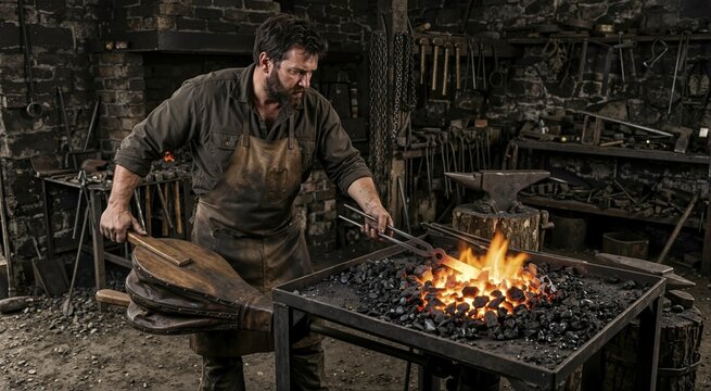 Blacksmith using a wooden bellows to stoke a glowing forge fire. Craftsman heating metal in orange coals in a traditional dark workshop