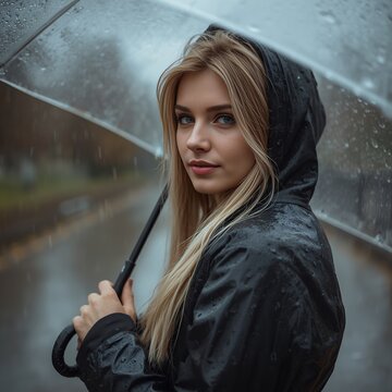 Pensive Young Woman Under Clear Umbrella in the Rain