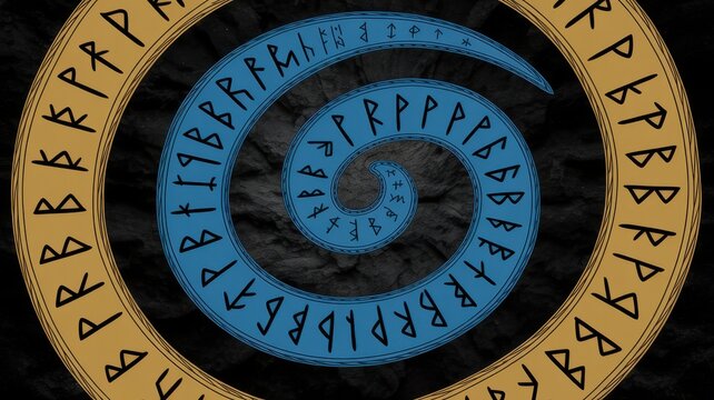Ancient runic alphabet symbols arranged in a spiral and circular pattern on stone background