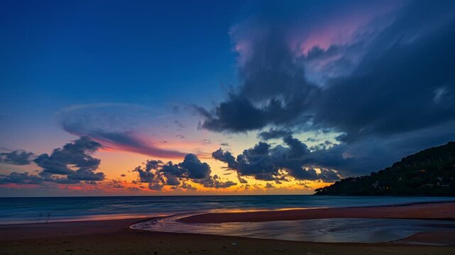 Time lapse sky turns yellow to orange and red over the sea.
The sun rays cast a warm glow on the landscape. The horizon is painted in hues of red and purple. The sky is ablaze with color