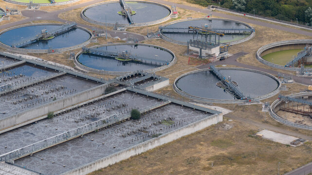 Aerial view of industrial wastewater treatment plant basins