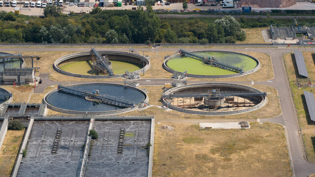 Aerial view of wastewater treatment plant clarification basin