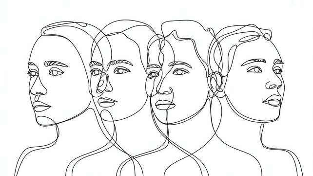 Abstract continuous line drawing of multiple overlapping female faces, showing different perspectives, isolated on white background.