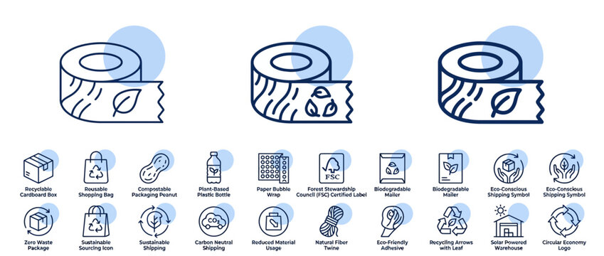 Sustainable and Eco-friendly Packaging Icon Set for World Environment Day and Circular Economy