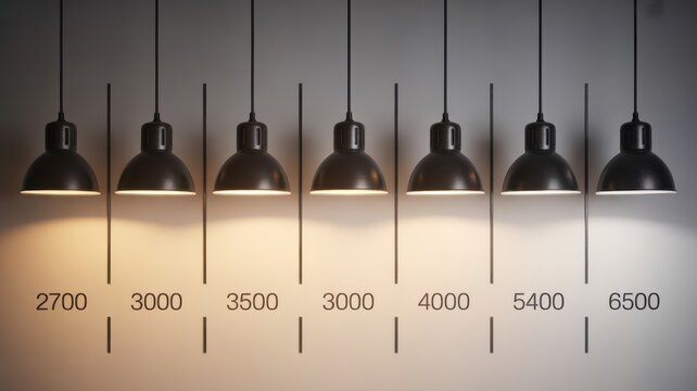 Row of seven industrial pendant lamps showing different color temperatures from warm white to cool white light, with Kelvin values indicated below.