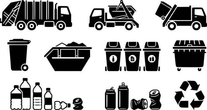 Recycling and waste management icons set featuring bins plastic bottles garbage trucks and eco friendly symbols.
