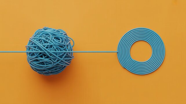 Concept of simplifying complexity showing a tangled blue wire transforming into a neat coil on an orange background