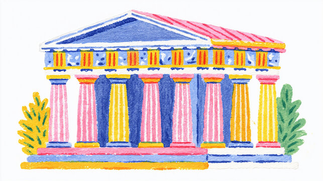 Colorful artistic depiction of a classical building with columns and vibrant details.