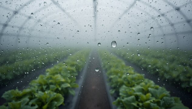 Raindrops on Greenhouse Plastic with Lush Green Plants