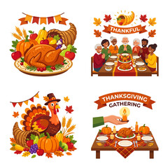 Fototapeta premium thanksgiving holiday family gathering featuring a festive autumn feast and traditional celebration symbols evoking gratitude.