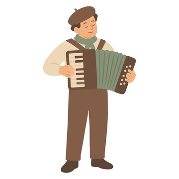 Hand-drawn vector illustration of a cheerful male musician playing an accordion while standing, wearing a beret, green neckerchief, and brown trousers, isolated on a white background in flat cartoon