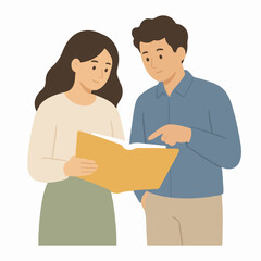 Obraz premium Two young coworkers collaborating over an open yellow folder illustration vector icon, hand-drawn flat design showing a friendly man and woman reviewing documents together at the office