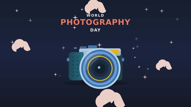 World Photography Day celebrated with stylized camera and twinkling stars motion.