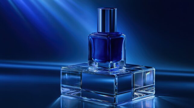 Luxury Blue Nail Polish Mockup Bottle on Glass Pedestal with Dramatic Lighting