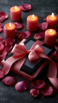 Romantic Gift Box with Digital Tablet Mockup Surrounded by Candles and Rose Petals