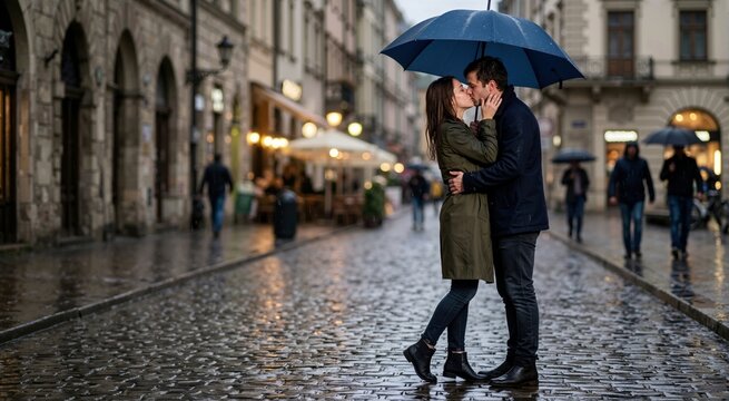 Romantic couple kissing under a blue umbrella in the rain. Man and woman embracing on a wet cobblestone city street