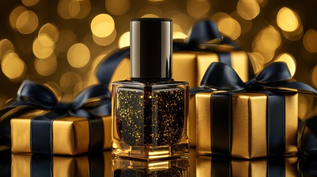 Luxury Black and Gold Nail Polish Mockup Bottle with Elegant Gift Boxes