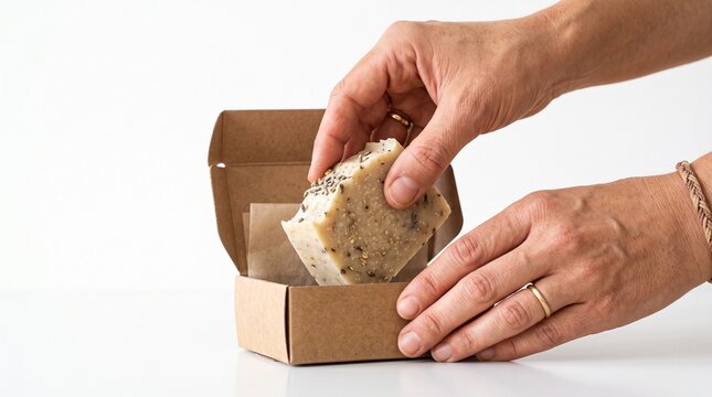 Hands placing a handmade herbal soap bar into a cardboard box for packaging