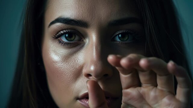 Closeup portrait of a woman with a hand raised in a stop gesture