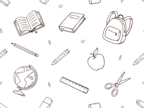  A seamless, repeating pattern composed of school-themed doodles. The style uses simple brown-black outline sketches over a clean white background, accented with small star sparkles.