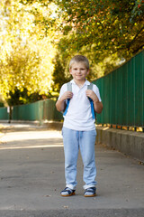 Smiling schoolboy with backpack outdoors before school