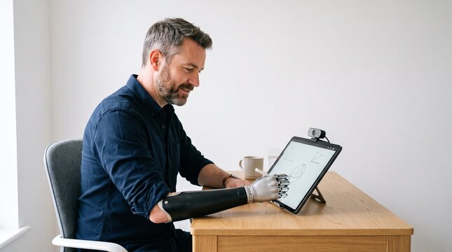 Man with prosthetic arm drawing on tablet with stylus